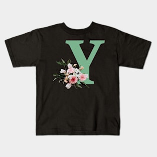 Letter Y green with colorful flowers Kids T-Shirt